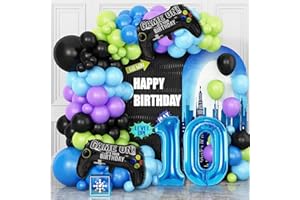 CLEDECO 10th Birthday Video Game Balloons Arch, 10th Game Party Balloon Garland Kit 10th Boys Birthday Supplies with Blue Number 10 Balloon Game Foil Balloons for 10 Year Old Teens Boys Party Decor