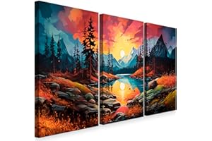 INTELIENZOS Cuadros Salon Modernos Lienzos decorativos para pared • Grande 120cm • 3 piezas • Anochecer en el lago • Cuadro decorativo • Decoracion Dormitorios • Comedor • Oficina • Pasillo