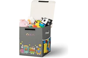 ADEHMDA Toy Box, Large Toy Storage Box with Lid, Collapsible Sturdy Toy Chest Storage Box for Kids, Girls and Boys, Nursery Room and Living Room, 13"x13" x16"(grey-train)
