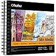 Ohuhu Spiral Bound Sketchbook - 62 Sheets (124 Pages) 200gsm Heavyweight Paper, Mixed Media Hardback Sketch Book for Acrylic, Watercolour, Pencils & Pastels, Hardback Square Sketch Book, 225 x 210mm
