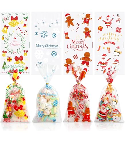 MELLIEX 100 Sacchetti Per Biscotti A Forma Di Fiocco Di Neve - Cellophane Trasparenti 27x13 Cm Con 200 Twist Ties Oro - Ideali Per Caramelle E Regali Di Natale