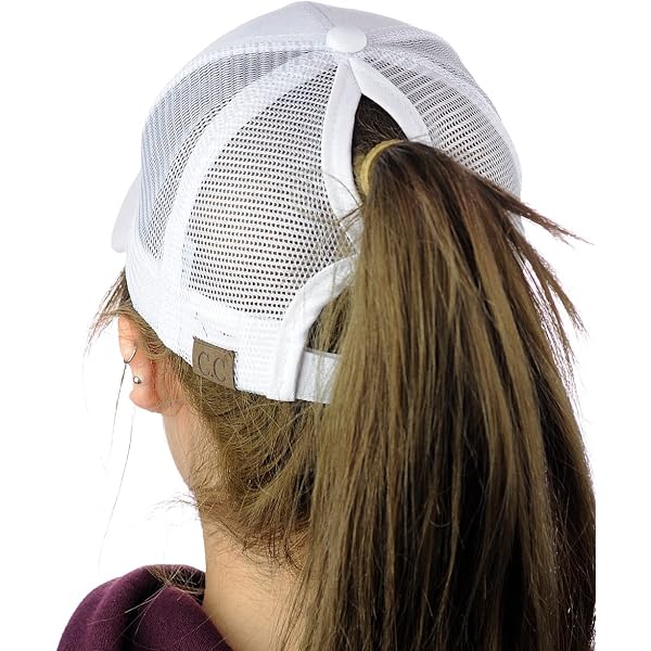 C.C Ponycap Adjustable Mesh Trucker Hat - Slot For Ponytail Or Messy Bun, White With Patch Design