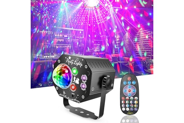 Lampe de Scène avec Télécommande, Rotative 360° Boule Disco avec Stroboscope, 64 Modes RGB UV, Lumière Disco Contrôlée par Musique, Lumiere Soirée avec 2m Câble USB pour Halloween, Noël, Club