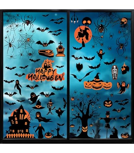 Halloween Window Clings Decorations - 6 Sheets Of Black Cats, Bats, Spider Webs - Removable Silhouette Decals