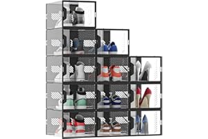 MYHMCT 12 Pack Shoe Storage Box, Clear Plastic Stackable Shoe Boxes with Magnetic Door, Aromatherapy Stick, Shoe Organizer for Closet, Fit up to UK Size 9.5 (33 x 23x 14.5 cm)