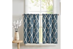 TOPICK Niebieska zazdrostka do kuchni, o wyglądzie lnu, firanka bistro, nieprzejrzysta, do prywatności, do salonu, dworkowego, zestaw 2 sztuk, 65 x 90 cm (wys. x szer. x wys.)