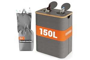 YOUDENOVA 150 L Deposit Bottles Collection Container with Lid & Odour-Proof, Rubbish Bin, 2 Compartments, Kitchen, Bottle Collector, Empty & Waste Glass Storage, Bamboo Recycled B Container, Rubbish