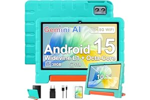 ZIOVO Tablette 10 Pouces Android 15 Tablettes, 30Go RAM+64Go ROM (TF 2To),5G WiFi Tablette,Gemini AI,Octa-Core 2.0 GHz/Widevine L1/Face ID/Contrôle Parental/6000 mAh/BT 5.0,Tablettes avec EVA Cas-Vert