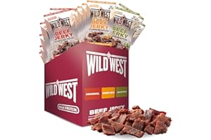 ‎WILD WEST Wild West Beef Jerky, Mix Box 60g, 12er Pack mit 4x Original, 4x Honey BBQ, 4x Jalapeno, Rinderdörrfleisch, Beef Jerky high Protein Trockenfleisch, Protein Snack