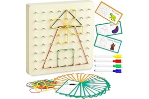 VINGAHOUSE Geoboard de Madera, Montessori Juguetes 3 4 5 Educativos Geometría Geoboard Escuela Primaria con 30 Cartas de Patrón 53 Bandas Elásticas para Crear Figuras y Formas per Niños de 3 4 5 6 [18x18CM]