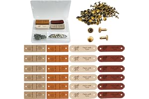 BUZUYIWAR 20 Stück Handgemachte Lederetiketten und 40 Nieten, PU-Wildleder-Etiketten Handmade Annähen Labels 4 Farben Geprägte Handmade mit Löchern Tags für DIY Taschen Hut Jeans Handwerk Stricken