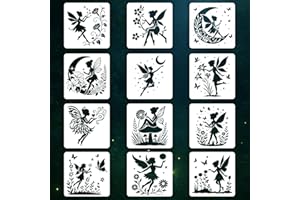 beinkmake 12Pcs Fairy Stencil PET Painting Templates Elves Inlay Border Stencils for Furniture Reusable DIY Craft for Wall Wood Fabric Canvas Paper Decor 7.87 x 7.87inch