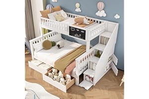 Kehun Kinderbett Etagenbett 90×200 & 140×200 mit Treppe, Hochbett Doppelbett mit Tafel und Stauraum Schubladen für 3 Kinder, Holzbett mit Rausfallschutz und Lattenrost, Weiß, Ohne Matratze