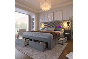 Huayz Set completo per camera da letto, letto matrimoniale, 180 x 200 cm, con 2 comodini e 4 cassetti, testiera con funzione di ricarica USB, velluto, senza materasso (grigio, 180 x 200 cm)