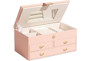 ADEL DREAM Caja de joyería, caja de joyería de 3 niveles con hebilla de oro rosa, almacenamiento de joyería de cuero de PU, regalo de terciopelo suave para sus seres queridos y amigos Pink-11-2