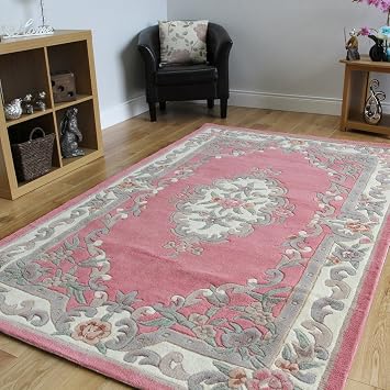 Luxurios Rosa Traditionelles Geblumtes Design 100 Wolle Halbmond