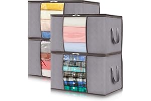 Lifewit Lot de 4 Sac Rangement Vetement 50L, Boite Rangement Pliable avec Poignées Renforcées, Housse de Rangement Couette, Caisse Rangement Sous Lit pour Vêtements, Couvertures, Jouets, Gris Clair
