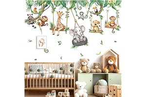 decalmile Adesivi Murali Animali della Giungla Foglie Tropicali Adesivi da Parete Safari Elefante Scimmia Giraffa Decorazione Murale Camerette Bambini Asilo Nido Camera da Letto