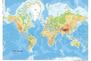 TIGER MOON Carte du monde physique en papier plastifié Format A2 42 x 59,4 cm