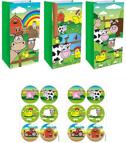 MMBDAMAI 12 Pcs Chicken Party Bags & Stickers - Farm Animal Goodie Bags, Cute Chicken Theme, For Birthday Favors, Treat Bags