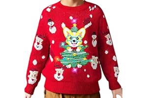 MELAND Christmas Jumper Kids, Red Corgi Light up Christmas Jumper for Girls Boys Age 5-16 Years Old, Unisex Ugly Xmas Sweater for Kids (8-10 Years)