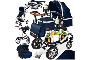 Ensemble poussette combinée 4 en 1 KESSER® avec nacelle, siège poussette, pneus en caoutchouc plein, sac à langer, protection contre la pluie, tablette pour enfant, ECE R129, Bleu/Argent