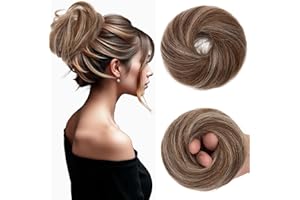 Benehair Hair Buns Real Remy Human Scrunchy Updo Hair Piece Elastic Messy Bun Donut Accessories Scrunchies Updo Ponytail Extensions #4/613 Medium Brown Mix Bleach Blonde 25g