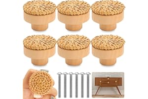 JEFFOUOO Rattan Möbelknöpfe,6 Stück Schrankknöpfe Holz,Holz Tür Schubladengriffe,Runde Holzknöpfe,Schrankknöpfe Mit Schrauben,Kommodenknöpfe Schubladenknöpfe Boho Deko für Schränke Kommode Schubladen,42 X 30mm