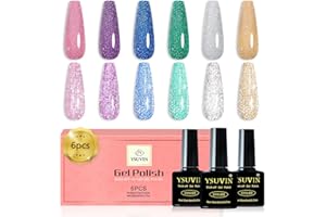 YSUVIN Esmalte Semipermanente Reflectante Glitter, 6 Colores Plata Rosa Azul Verde Glitter Kit Uñas Semipermanentes, Pintauñas Semipermanentes Soak Off UV/LED Gel Uñas Diy Manicura Nail Art Set, 8ml