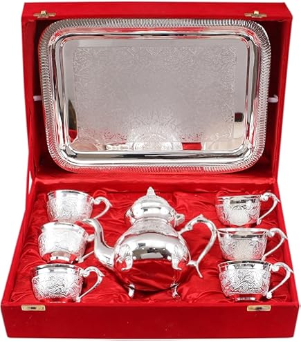 Clock NK Handicrafts Silver Plated Tea Pot with 6 Cup & 1 Tray