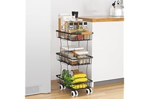 BQKOZFIN 3-Tier Kitchen Storage Utility Cart on Wheels, Stackable Fruit Vegetable Basket Rack, Space-Saving Shelving Organiser, Metal Wire Kitchen Storage Trolley for Kitchen, Bathroom (Black)