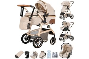 Zkiprm Poussette 3 en 1, Système de Voyage Avec Siège Auto, Landau et nacelle, Accoudoirs réglables, Habillage pluie, Moustiquaire, Châssis aluminium, Landau urbain pour enfants 0-4 ans, Blanc