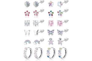 Morfetto Hypoallergenic Silver Studs Earrings for Women Girls - 12 Pairs Surgical Steel Screw Back Earring Cute Flower Butterfly Stud Hoop Sleeper Earring Cartilage Earrings for Sensitive Ears