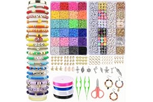 FIVAVA 8000+ Pcs Clay Beads Bracelet Making Kits for Girls Adults，24 Colours Clay Beads for Jewelry Making Kit Flat Round Polymer Spacer Heishi Beads for Necklace with Charms Elastic Strings Gift