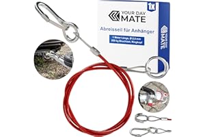‎YOUR DAY MATE Abreisseil für Anhänger, 1 Set, 1 Meter x Ø 2,5 mm Stahlseil mit Karabiner und Doppelring, 250 kg Bruchlast, in Rot, für alle Arten von gebremsten Anhängern und Wohnwagen, ummanteltes Fangseil AHK