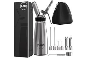B-ARS Stainless Steel Whipped Cream Dispenser 500ML with Decorative Tips Needles Cleaning Brush Carry Bag and Ebook for Mousse Foams Sauces Toppings Ideal for Cooking Enthusiasts Home