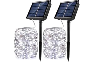 UNIHOH Solar String Lights, 2 Pack 100 LED Solar Fairy Lights 33 ft 8 Modes Copper Wire Lights Waterproof Outdoor String Lights for Garden Patio Gate Yard Party Wedding Indoor Bedroom (Cool White)