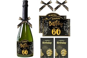 BOFUNX 2pcs Etiquetas Adhesivas para Botella de Vino Champán Agua Pegatinas Autoadhesiva Feliz Cumpleaños 60 Happy Birthday+2pcs Lazos+2pcs Tarjeta Felicitación Regalo Decoración Fiesta Personalizada