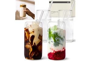 KIVY Lot de 4 verres à boire avec paille en verre [4 x 450 ml] pour café glacé, eau et cocktails – Verres à café glacé – Verres à café glacé – Verres à matcha et café