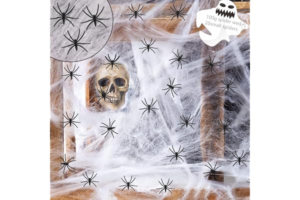 Booaee Halloween dekorationsset, halloween spindelnätsdekoration, 100 g spindelnät med 20 falska spindlar, skräckspindlar och