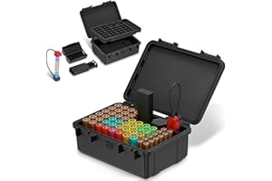 KIORAFOTO Battery Organizer Storage Case with Small Battery Tester,IP68 Waterproof Hard Batteries Holder Container Box for 40 AA & 12 AAA & 12 CR2032 CR2025 Lithium Coin & 18 LR44/2 D Size Household Batteries