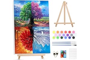 GHHKUD Kit per dipingere con i numeri, per adulti, con cavalletto in legno, pittura acrilica ad olio con numeri, kit per adulti principianti su tela incorniciata, albero stagionale, arte e artigianato