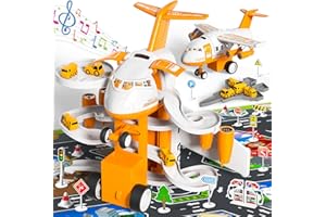 Ci Vetch Airplane Toys for Boys, Plane Toys for Kids 3-5, Garage Parking Lot Playset with 14 Road Signs 4 Construction Vehicles 1 Map, Toddler Boy Toys Preschool Birthday Gift for 3 4 5 6 Years Old