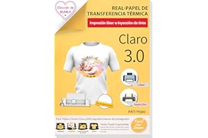 TransOurDream Real - Papel de Transferencia Fácil de Usar. Sin Impresión de Espejo A4x5 Hojas Papel Transfer Para Camisetas Blancas y Tejitos Claros Plancha Térmica Camiseta,