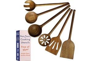 ZIRUMA Lot de 6 ustensiles de cuisine en bois monobloc – Sans colle et cuillères en bois monobloc pour la cuisine, finition végétale, non toxiques et naturels