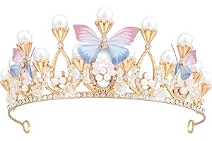 Vofler Couronne de princesse papillon – Serre-tête doré avec strass et perles pour enfants, femmes, adultes, anniversaire, mariage, concours de beauté, bal de fin d'année, Halloween, sirène