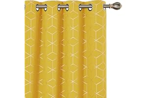 Deconovo Functional Energy Saving Curtains, Eyelet Curtains, Gold Diamond Printed Blackout Curtains for Living Room, 46 x 90 Inch(Width x Length), Mellow Yellow, One Pair