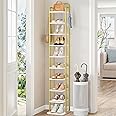 Hzuaneri 10 Tiers Vertical Shoe Rack, Narrow Shoe Tower, Tall Shoes Shelf with 2 Hooks, Adjustable Shelves, Corner Shoes Shelves for Small Spaces, Entryway, Living Room, White Gold, SR11213A