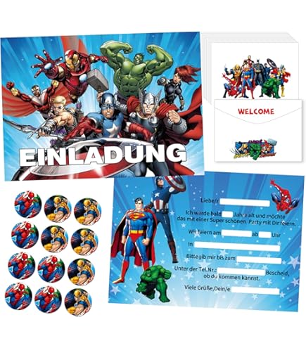 12 Superhelden Einladungskarten Kindergeburtstag - Inkl. Briefumschläge