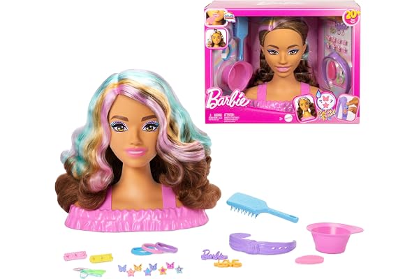 Barbie-stylinghuvud, mörkbrunt hår med över 20 hårstylingaccessoarer, inklusive hårspännen med färgförändringsfunktion i form av stjärnor och fjärilar, JFG82